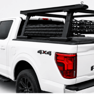 Universal Adjustable Aluminum Truck Bed Rack with Molle Panels installed on white pickup truck