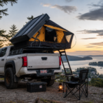 Overlanding truck with rooftop tent camping above Nanaimo coastline at sunrise, Vancouver Island British Columbia Canada